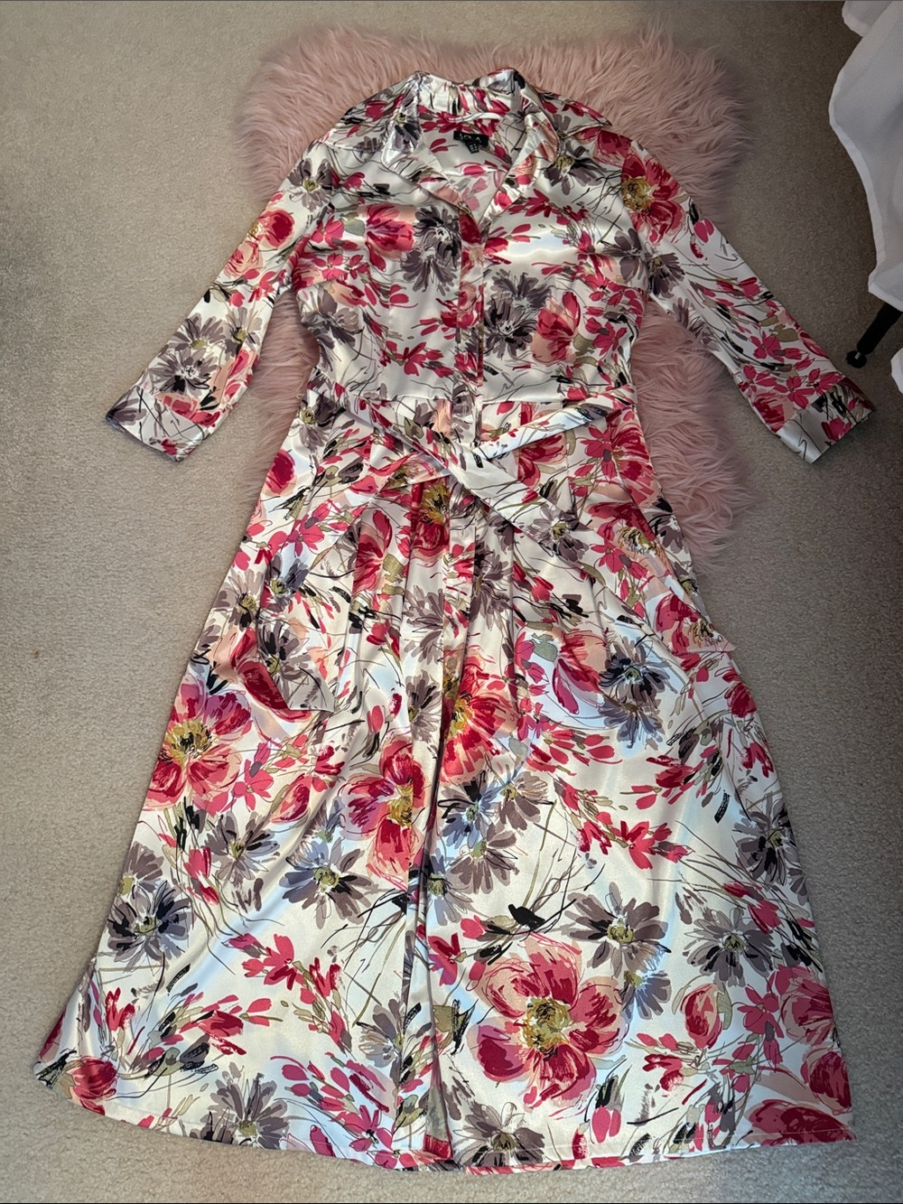 lola Cream Floral Long-Sleeve Shirt Dress with Belt